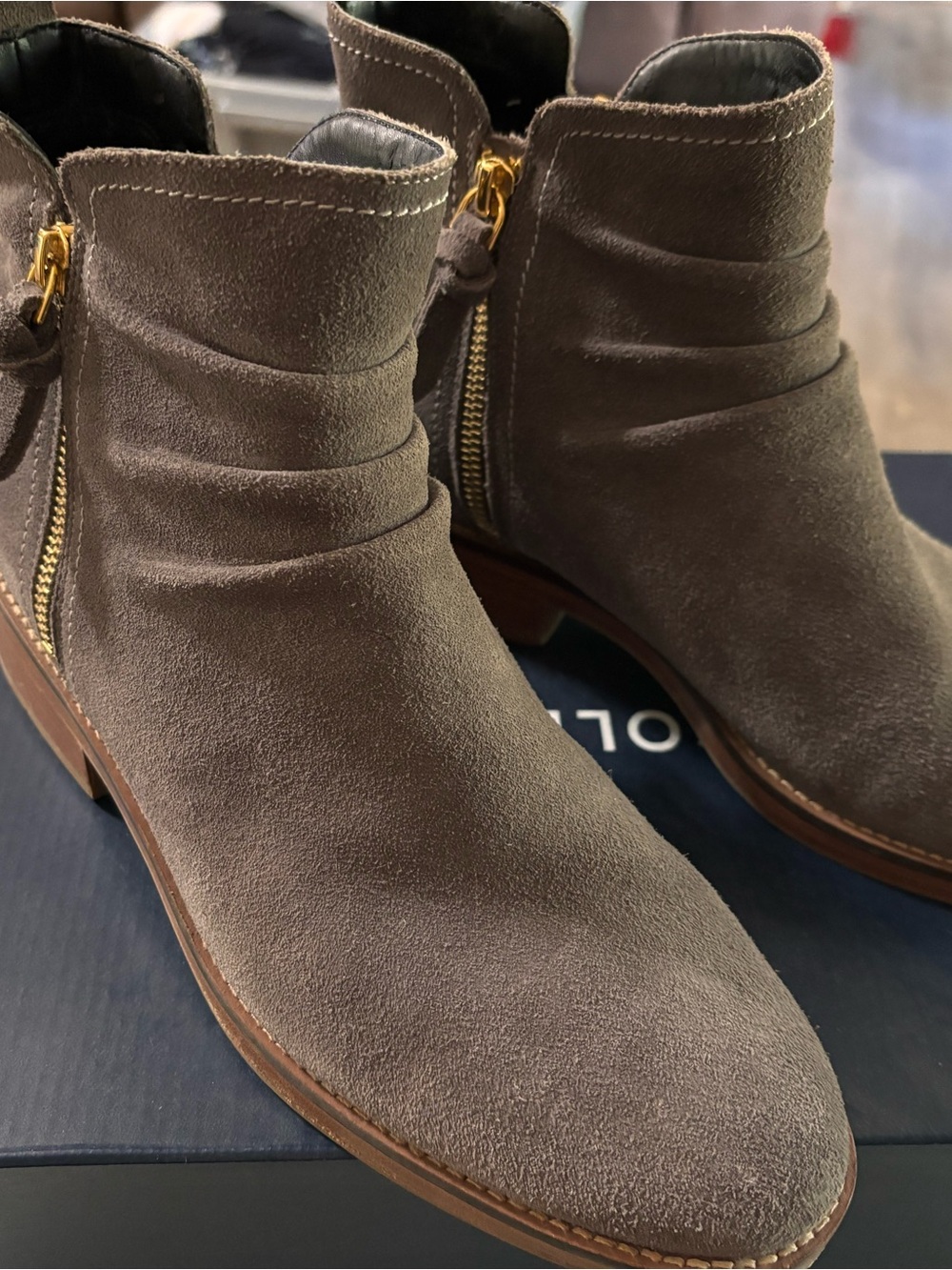 Cole Haan Taupe Suede Ankle Boots with Gold Zipper